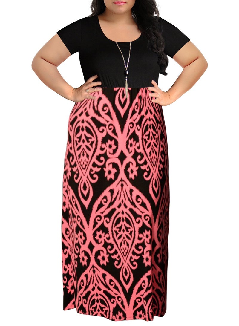 Nemidor Plus Size Maxi Dresses for Curvy Women Casual Summer Short Sleeve Chevron Print Long Dress with Pocket 14-26(155,24,Pink) - Image 2